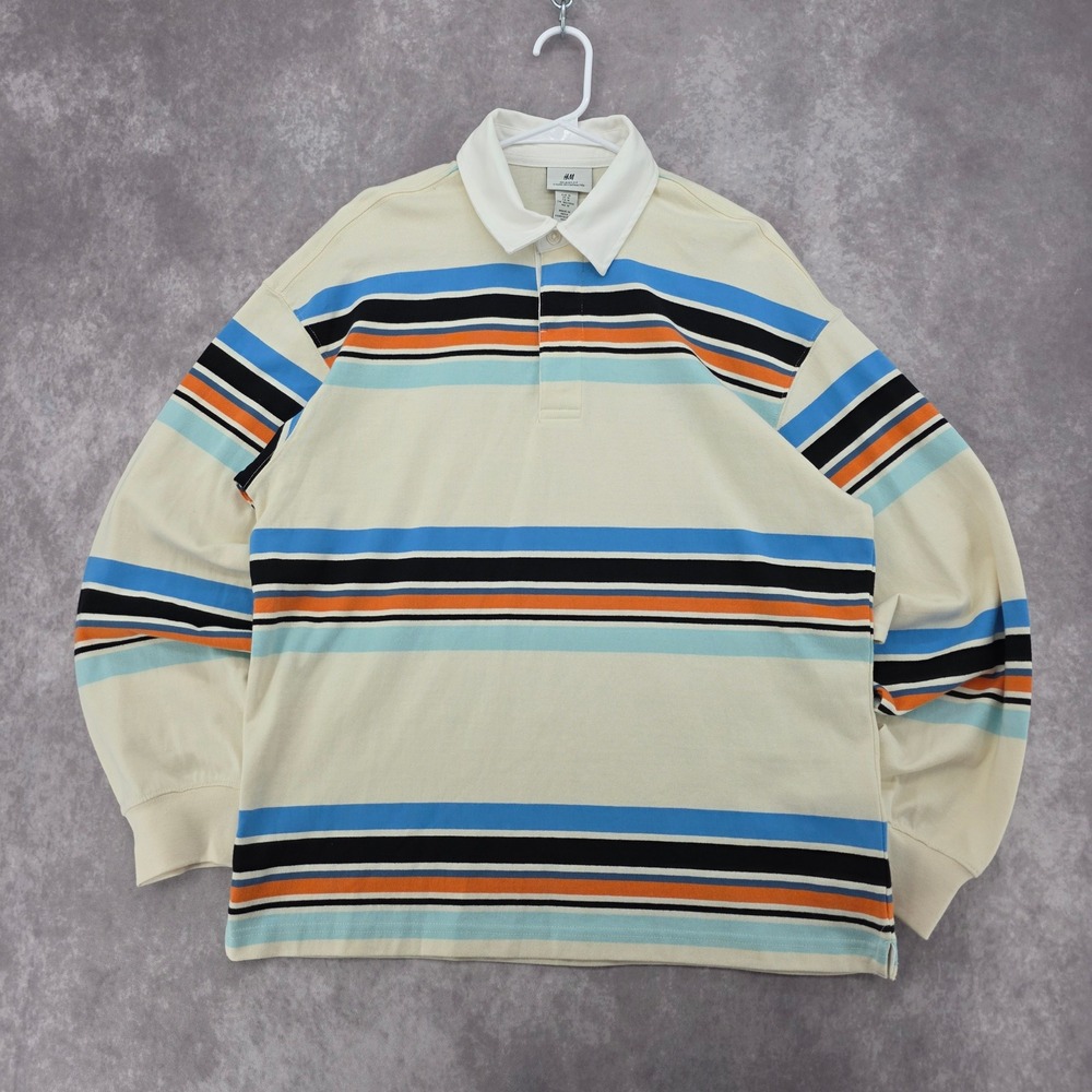 HM Relaxed Fit Long Sleeve Polo Rugby Shirt Mens M Cream Blue Orange Striped
